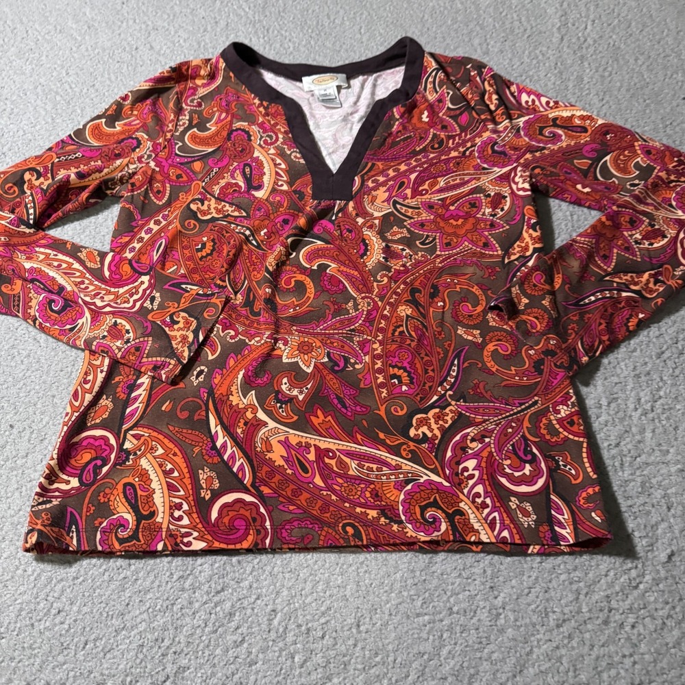 TALBOTS Long Sleeve T-Shirt Red Women's Size Medium Pullover V-Neck Top Pima Tee